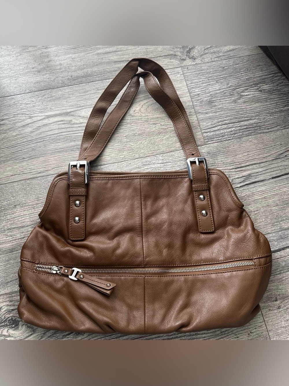 b. makowsky Brown Leather Shoulder Bag with Front Zip